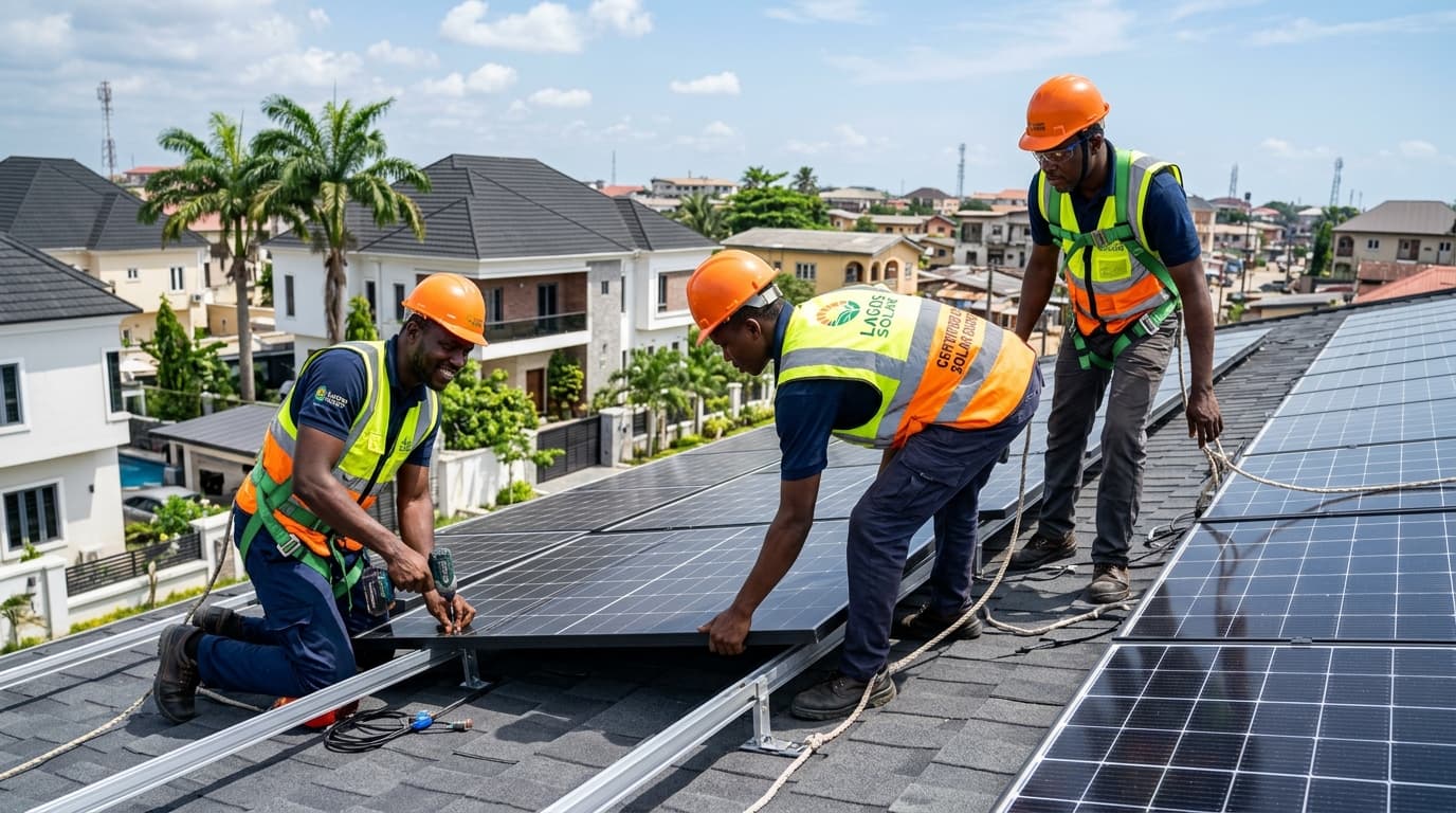 Certified 3RD Energy solar engineers installing rooftop solar panels in Lagos
