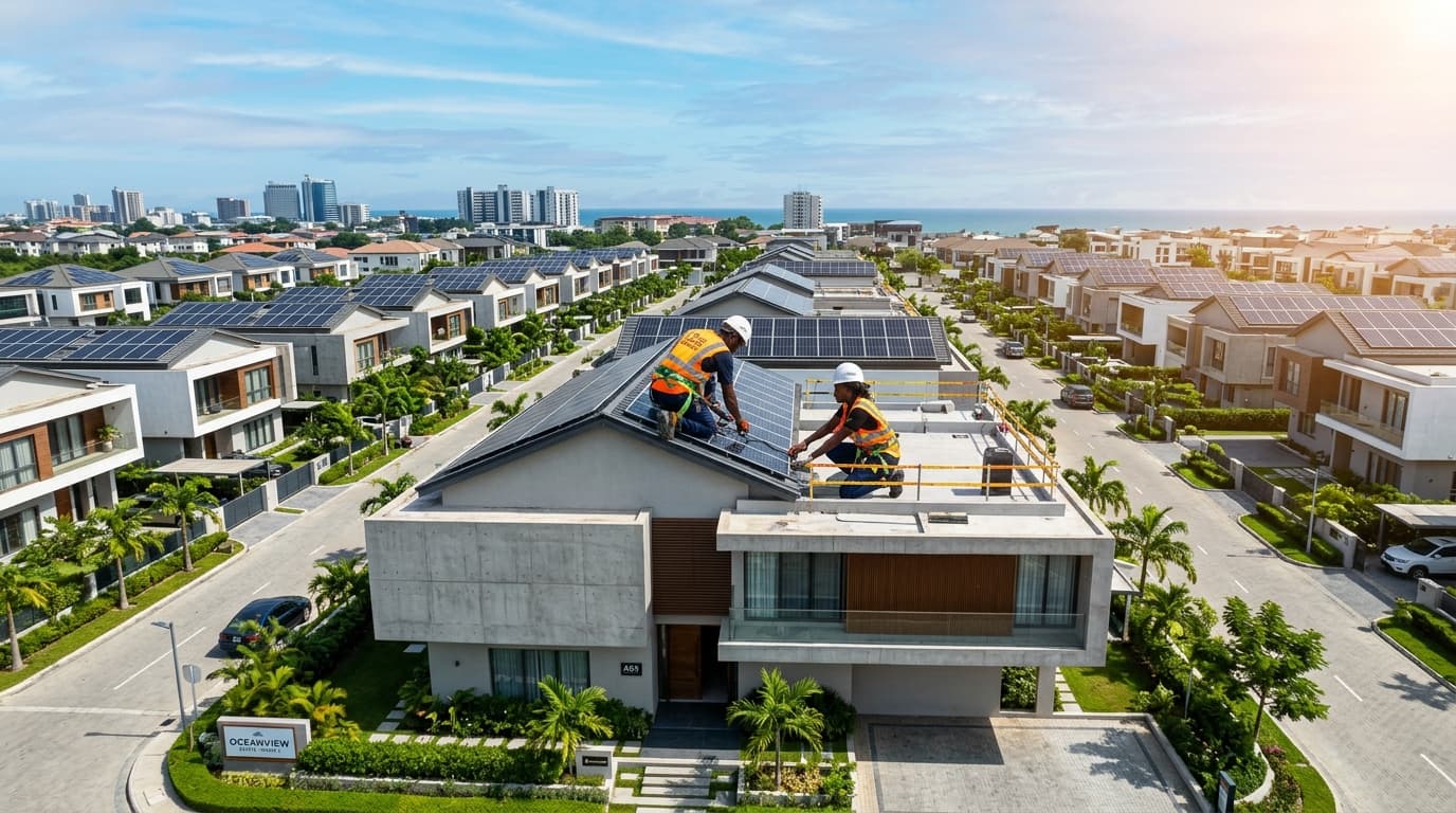 Aerial view of Lagos Nigeria residential estate powered by 3RD Energy Services Ltd solar arrays