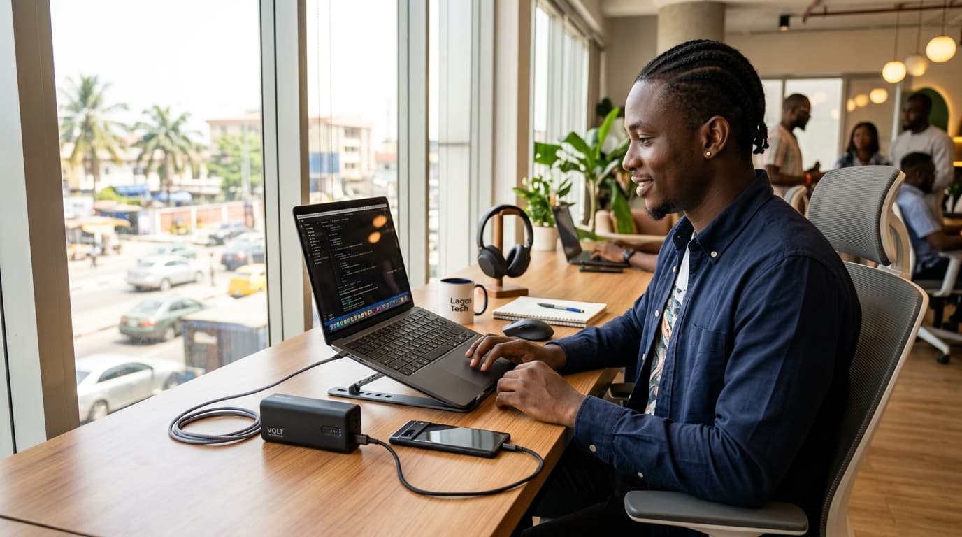 Nigerian tech professional using fast-charge laptop power bank